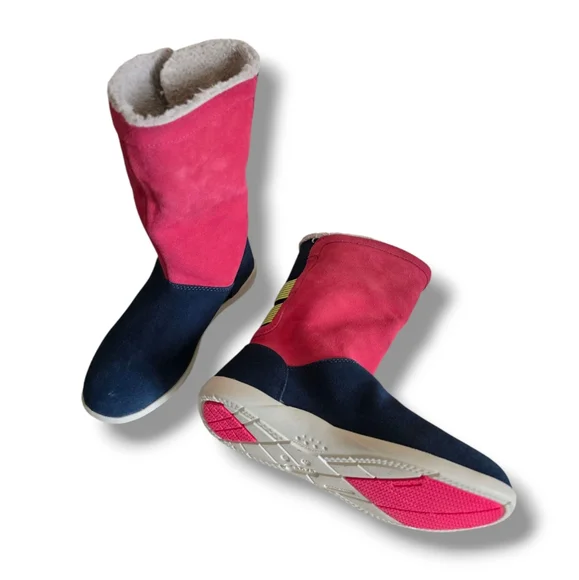 CROCS Women's Adela Foldover Fuzz Suede Booties Pink Poppy/Yellow Stucco/Navy - Picture 9 of 16